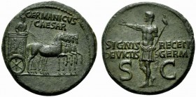 Germanicus, Dupondius struck under Caligula, AD 37-41; AE (g 16,49; mm 29; h 8); GERMANICVS / CAESAR, Germanicus in triumphal quadriga r., holding rei...