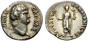 Nero (54-68), Denarius, Rome, AD 64-65; AR (g 3,44; mm 18; h 6); NERO - CAESAR, laureate head r., Rv. AVGVSTVS - GERMANICVS, emperor, radiate, standin...