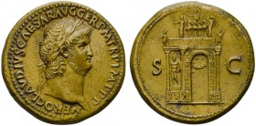 Nero (54-68), Sestertius, Rome, AD 64; AE (g 27,53; mm 34; h 6); NERO CLAVDIVS CAESAR AVG GER P M TR P IMP P P, laureate head r., Rv. Triumphal arch d...