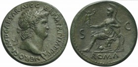 Nero (54-68), Sestertius, Rome, AD 65; AE (g 26,51; mm 35; h 7); NERO CLAVD CAESAR AVG G - ER P M TR P IMP P P, laureate head r., wearing aegis, Rv. R...