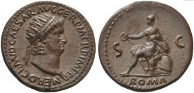 Nero (54-68), Dupondius, Rome, AD 65; AE (g 14,86; mm 29; h 6); NERO CLAVD CAESAR AVG GER P M TR P IMP P P, radiate head r., Rv. Roma seated on cuiras...