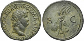 Nero (54-68), As, Lugdunum, AD 66-67; AE (g 11,57; mm 29; h 6); IMP NERO CAESAR AVG P MAX TR P P P, bare head r., globe at point of bust, Rv. Victory ...