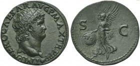Nero (54-68), As, Lugdunum, AD 66-67; AE (g 11,15; mm 27; h 6); IMP NERO CAESAR AVG P MAX TR P P P, bare head r., globe at point of bust, Rv. Victory ...