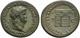 Nero (54-68), Sestertius, Rome, AD 67; AE (g 25,26; mm 36; h 7); IMP NERO CLAVD CAESAR AVG GERM P M TR P XIII P P, laureate head r., Rv. PACE P R TERR...