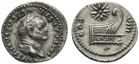 Vespasian (69-79), Denarius, Rome, AD 71; AR (g 3,51; mm 18; h 7); IMP CAESAR VESPASIANVS AVG, laureate head r., Rv. COS - VIII, prow r.; above, star....