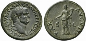 Vespasian (69-79), Sestertius, Rome, AD 71; AE (g 24,72; mm 33; h 6); IMP CAES VESPAS AVG P M TR P P P COS III, laureate head r., Rv. PAX - AVGVSTI, P...