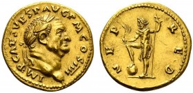 Vespasian (69-79), Aureus, Rome, AD 72-73; AV (g 7,26; mm 18; h 6); IMP CAES VESP AVG P M COS IIII, laureate head r., Rv. NEP - RED, Neptune standing ...