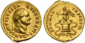 Vespasian (69-79), Aureus, Rome, AD 75; AV (g 7,30; mm 20; 7); IMP CAESAR VESPASIANVS AVG, laureate head r., Rv. PON MAX - TR P COS VI, Victory, holdi...
