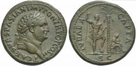 Titus, as Caesar, Sestertius struck under Vespasian, Rome, AD 73; AE (g 26,06; mm 33; h 6); T CAES VESPASIAN IMP PON TR POT COS II, laureate head r., ...