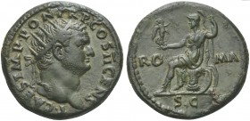 Titus, as Caesar, Dupondius struck under Vespasian, Rome, AD 73; AE (g 13,54; mm 28; h 6); T CAES IMP PON TR P COS II CENS, radiate head r., Rv. Roma ...