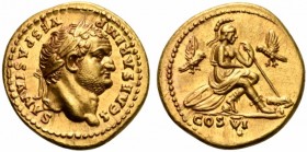 Titus, as Caesar, Aureus struck under Vespasian, Rome, AD 77-78; AV (g 7,36; mm 18; h 6); T CAESAR IMP - VESPASIANVS, laureate head r., Rv, Roma seate...
