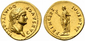 Domitian, as Caesar, Aureus struck under Vespasian, Rome, AD 75; AV (g 7,36; mm 20; h 6); CAES AVG F - DOMIT COS III, laureate head r., Rv. PRINCEPS -...