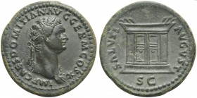 Domitian (81-96), As, Rome, AD 84; AE (g 10,27; mm 28; h 7); IMP CAES DOMITIAN AVG GERM COS X, laureate bust r., wearing aegis, Rv. SALVTI - AVGVST, a...