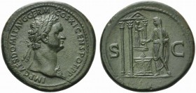 Domitian (81-96), Sestertius, Rome, AD 85; AE (g 27,34; mm 35; h 7); IMP CAES DOMIT AVG GERM - COS XI CENS POT P P, laureate head r., wearing aegis, R...