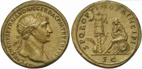 Trajan (98-117), Sestertius, Rome, AD 103-111; AE (g 25,69, mm 34; h 6); IMP CAES NERVAE TRAIANO AVG GER DAC P M TR P COS V P P, laureate bust r., dra...