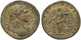 Trajan (98-117), Sestertius, Rome, AD 108-110; AE (g 24,81; mm 32; h 6); IMP CAES NERVAE TRAIANO AVG GER DAC P M TR P COS V P P, laureate bust r., dra...