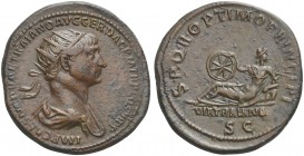 Trajan (98-117), Dupondius, Rome, AD 112-114; AE (g 12,31; mm 28; h 6); IMP CAES NERVAE TRAIANO AVG GER DAC P M TR P COS VI P P, radiate and draped bu...