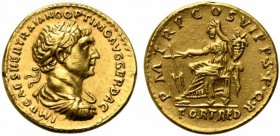 Trajan (98-117), Aureus, Rome, AD 114-117; AV (g 7,38; mm 19; h 6); IMP CAES NER TRAIANO OPTIMO AVG GER DAC, laureate, draped and cuirassed bust r., R...