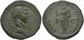 Trajan (98-117), Sestertius, Rome, AD 114-117; AE (g 28,17; mm 36; h 6); IMP CAES NER TRAIANO OPTIMO AVG GER DAC P M TR P COS VI P P, laureate and dra...