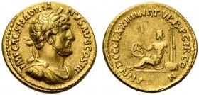 Hadrian (117-138), Aureus, Rome, AD 121; AV (g 7,21; mm 19; 6); IMP CAES HADRIA – NVS AVG COS III, laureate, draped and cuirassed bust r., Rv. ANN ÐCC...