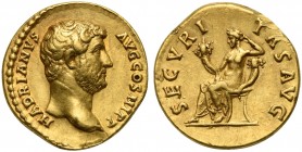 Hadrian (117-138), Aureus, Rome, AD 134-138; AV (g 6,83; mm 19; h 6); HADRIANVS - AVG COS III PP, bare head r., Rv. SECVRI - TAS AVG, Securitas seated...