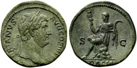 Hadrian (117-138), As or Dupondius, Rome, AD 134-138; AE (g 11,98; mm 26; h 12); HADRIANVS - AVG COS III P P, laureate bust r., drapery on l. shoulder...