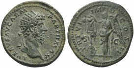 Lucius Verus (161-169), Dupondius, Rome, AD 166; AE (g 11,17; mm 27; h 6); L VERVS AVG ARM - PARTH MAX, radiate head r., Rv. TR P VI - IMP IIII COS - ...