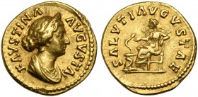 Faustina Minor, Aureus struck under Marcus Aurelius, Rome, AD 161-164; AV (g 7,18; mm 18; h 6); FAVSTINA - AVGVSTA, diademed and draped bust r., hair ...