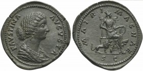 Faustina Minor, Sestertius struck under Marcus Aurelis, AD 161-176; AE (g 23,65; mm 35; h 12); FAVSTINA - AVGVSTA, draped bust r., hair knotted behind...