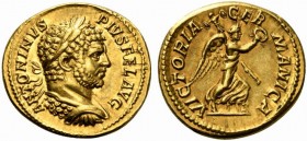 Caracalla (198-217), Aureus, Rome, AD 213; AV (g 6,80; mm 20; h 12); ANTONINVS - PIVS FEL AVG, laureate and cuirassed bust r., Rv. VICTORIA - GERMANIC...