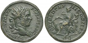 Geta (209-212), Dupondius, Rome, AD 211; AE (g 9,50; mm 25; h 12); P SEPTIMIVS GETA - PIVS AVG BRIT, radiate bust r., drapery on l. shoulder, Rv. FORT...