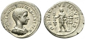 Diadumenian, as Caesar, Denarius struck under Macrinus, Rome, ca. AD 217-218; AR (g 3,26; mm 20; h 6); M OPEL ANT DIADVMENIAN CAES, draped bust r., Rv...