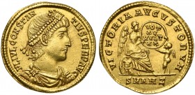 Constantius II (337-361), Solidus, Antiochia, AD 347-340; AV (g 4,50; mm 22; h 5); FL IVL CONSTAN - TIVS PERP AVG, diademed, draped and cuirassed bust...