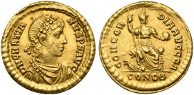 Gratian (367-383), Solidus, Constantinopolis, AD 378-383; AV (g 4,51; mm 20; h 12); D N GRATIA - NVS P F AVG, diademed, draped and cuirassed bust r., ...
