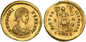 Honorius (393-423), Solidus, Sirmium, AD 393-395; AV (g 4,45; mm 20; h 6); D N HONORI - VS P F AVG, diademed, draped and cuirassed bust r., Rv. VICTOR...