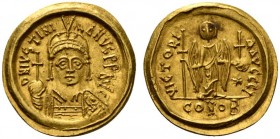 Justinian I (527-565), Solidus, Carthage, AD 546-547; AV (g 4,46; mm 19; h 6); Helmeted and cuirassed facing bust, holding globus cruciger, shield ove...
