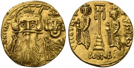Constans II (641-668), Solidus, Syracuse, AD 641-668; AV (g 4,33; mm 19; h 6); Crowned and draped facing busts of Constans, with tall plume, and Const...