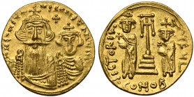 Constans II (641-668), Solidus, Syracuse, AD 659-661; AV (g 4,36; mm 20; h 6); Crowned and draped facing busts of Constans and Constantine IV; above, ...