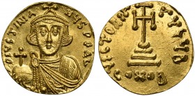 Justinian II (1st reign, 685-695), Solidus, Constantinople, AD 687-692; AV (g 4,42; mm 18; h 6); Facing bust with short beard, wearing crown and chlam...