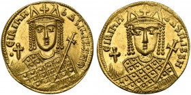 Irene of Athens (780-802), Solidus, Constantinople, AD 797-802; AV (g 4,41; mm 19; h 6); Bust of Irene facing, wearing loros and crown with cross, pin...