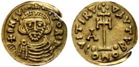 Duchy of Beneventum, Aricis II, Tremissis, AD 765-774; AV (g 1,28; mm 15; h 6); DNS VI-TORIA, crowned bust facing, holding cross on globe. Rv. VIRTV (...