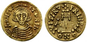 Duchy of Beneventum, Aricis II, Tremissis, AD 765-774; AV (g 1,28; mm 17; h 6); DNS VI-TORIA, crowned bust facing, holding cross on globe. Rv. VIRTV (...