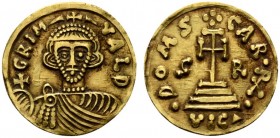 Duchy of Beneventum, Gimoaldus III and Charlemagne, Solidus, AD 788-792; AV (g 3,89; mm 20; h 7); GRIM – (four pellets) - VALD, crowned bust facing, h...