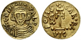 Duchy of Beneventum, Grimoaldus III and Charlemagne, Tremissis, AD 788-792; AV (g 1,28; mm 15; h 6); GRIM - + - VALD, crowned bust facing, holding cro...