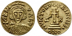 Duchy of Beneventum, Grimoaldus III, Solidus AD 792-806; AV (g 4,02; mm 21; h 6); GRIM - + - VALD, crowned bust facing, holding cross on globe. Rv. VI...