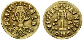 Duchy of Beneventum, Grimoaldus III, Tremissis, AD 792-806; AV (g 1,26; mm 17; h 6); GRIM - + - VALD, crowned bust facing, holding cross on globe. Rv....