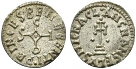 Duchy of Beneventum, Sico, Denaro, AD 817-832; AR (g 1,18; mm 17; h 6); • PRINCES BENEBENTI, SICO monogram. Rv. • A•RCHANGELVS • MICHAEL, cross potent...