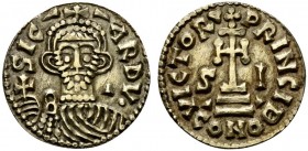 Duchy of Beneventum, Sicard, Solidus, AD 832-839; AV (g 3,47; mm 21; h 12); SIC - + - ARDV •, crowned bust facing, holding cross on globe, triangle in...