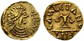 Merovingians, Tremissis, Banassac, ca. AD 620-640; AV (g 1,32; mm 16; 6h); Diademed and draped bust r., Rv. Chalice. Depeyrot 8; Belfort 713-7; Prou 2...