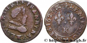 LOUIS XIII
Type : Denier tournois, buste adolescent au grand col plat, (11e portrait) 
Date : 1627 
Mint name / Town : Bordeaux 
Metal : copper 
Diame...